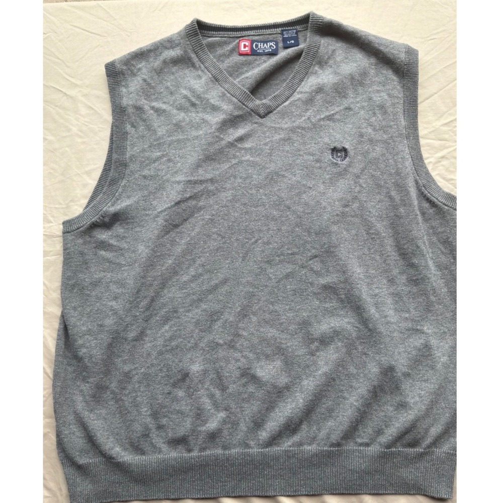Preppy Mens Chaps V-Neck Sweater Vest L Large Grey Cotton